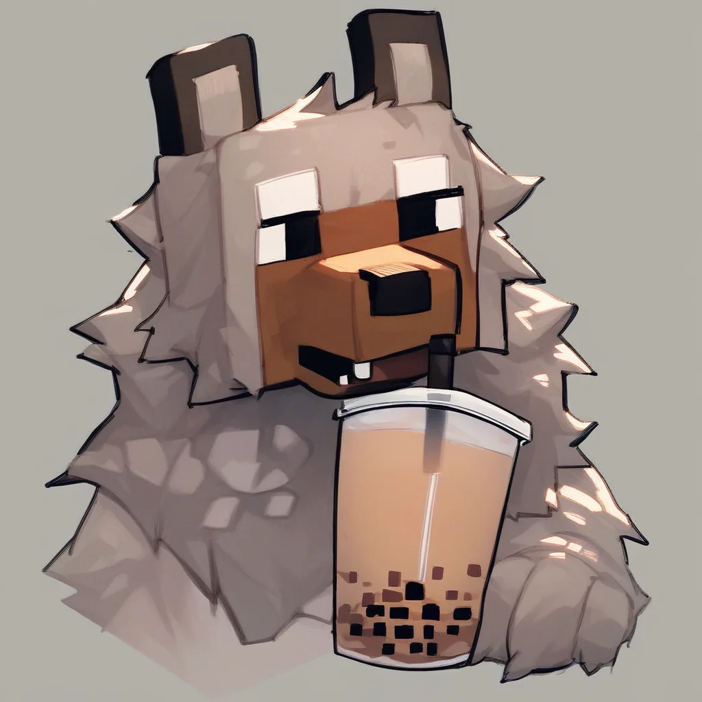 score_9_up, score_8_up, score_7_up, source_furry, wolf, minecraft wolf, pixel style, gray fur, black eyes, square dog, bubble tea