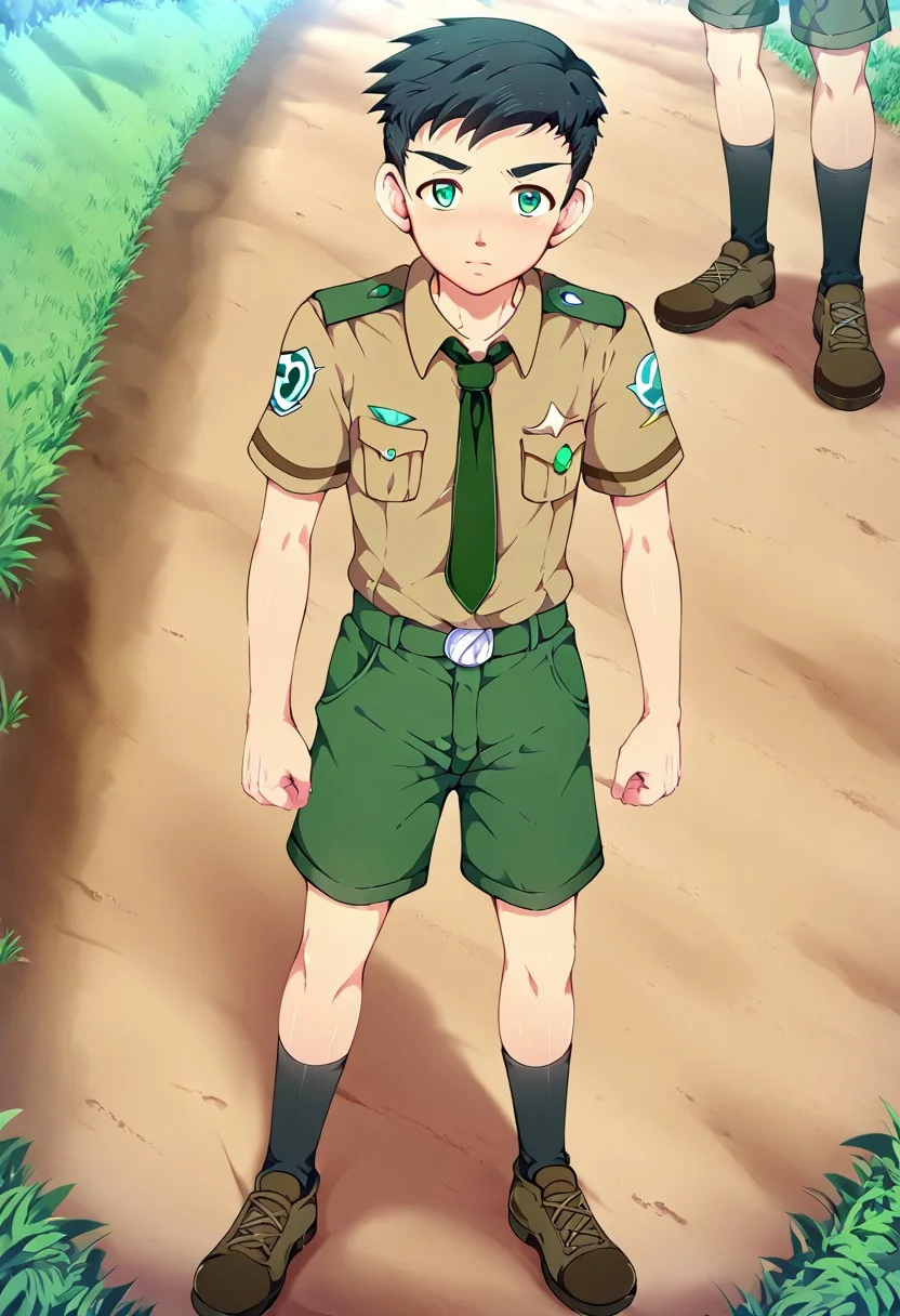 yuto_umemura, black hair, short hair, mint green eyes, 1boy, solo focus, scout uniform, brown shirt, green shorts, black socks, brown shoes, outdoor, perfect hands, handfixer