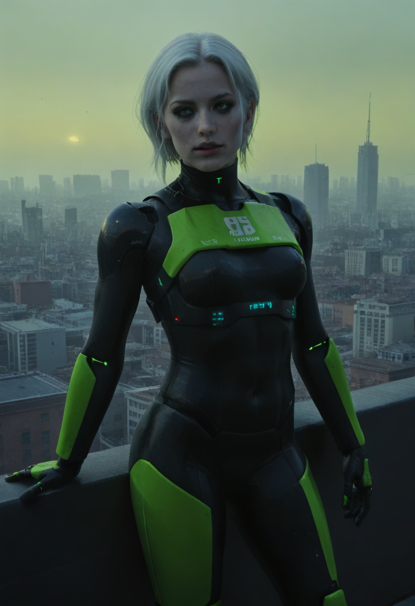 <lora:Marathon_-_graphic_realism-000002:0.5> Marathon style, mrthn, graphic realism,
city, 1girl, adult, android, white hair, green theme,