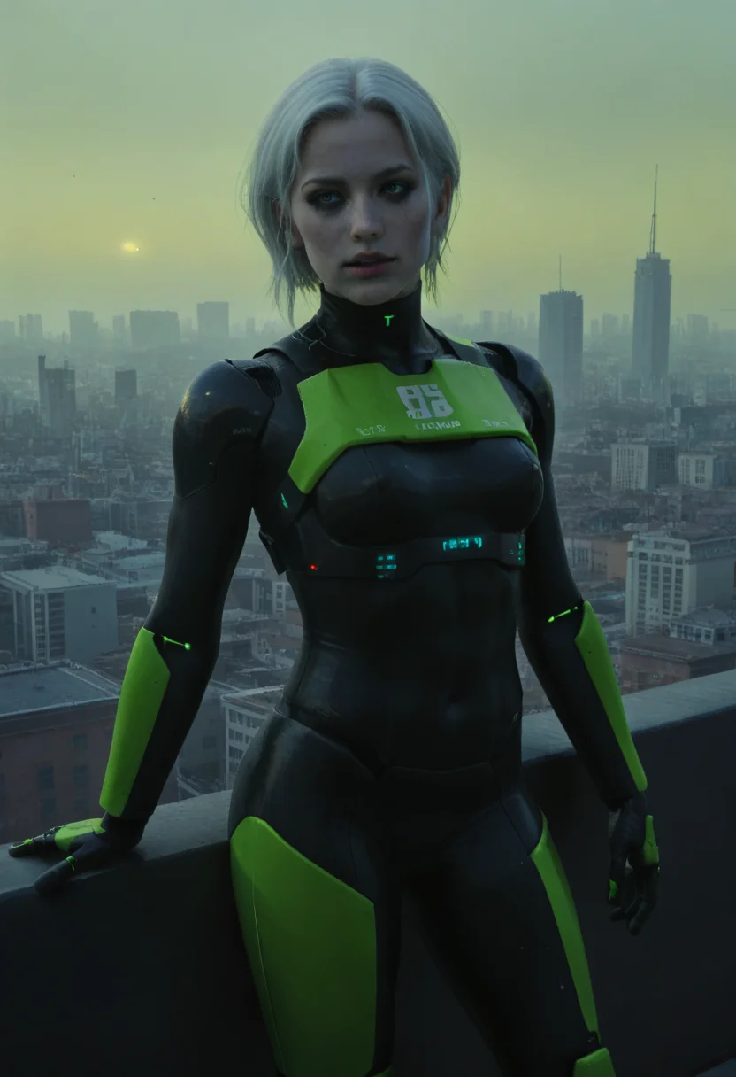 <lora:Marathon_-_graphic_realism-000002:0.5> Marathon style, mrthn, graphic realism,
city, 1girl, adult, android, white hair, green theme,