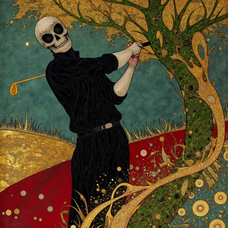fire-themed (Russian:0.5) artwork depicting white-toned intricate goth adult man playing golf, with intricate black and forest colour palette Voronoi details. eldritch, billowing bright dust, very elaborate. The overall feel of the image is painterly. Additionally the image incorporates elements of mixed media including flowing lines drawn with fine pens and appliqued silverleaf. The general effect is of timeless fine art elegance. <lora:midjourney_whisper_chromaplex_v1:0.3> <lora:Paper_Marbling_Flux:0.5> <lora:BookOfKells-Rapid:0.3> <lora:GoldLeafStyleFLUX:0.5> <lora:Hand v2:1>