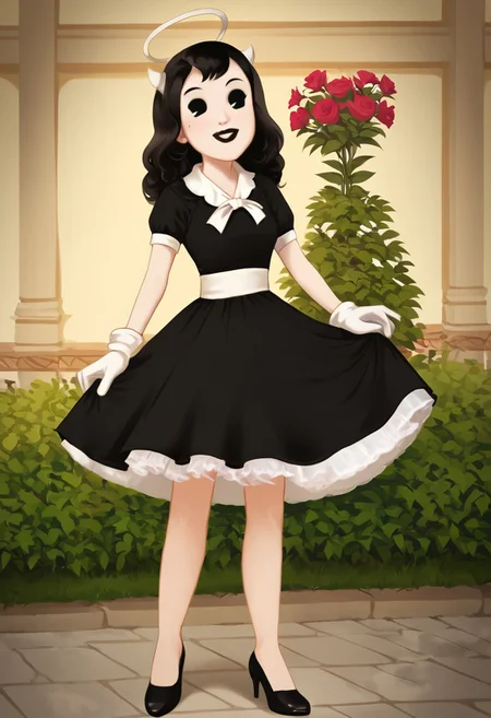 (Masterpiece, best quality:1.2), score_9, score_8_up, flat color, flat shading, soft shading, lighting, Alice Angel in a 1950's dress, a fluffy frilly ruffled full petticoat, and high heels, dress, layered petticoat, frilly petticoat, fluffy petticoat, full petticoat, wide dress, flowing dress, solid colored skirt, short sleeves, black hair, Bendy and The Ink Machine, series accurate, cute, best high quality, high res, black lips, white colored skin, whole body shot, 1girl, solo, outside, posing, in a garden, cute, adorable, smile, skirt tug, ground level angle, dress lift, cartoon, cartoon style, vector, solo, circle dress, 1950s, alice angel