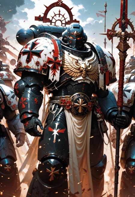 (score_9, score_8_up), score_7_up,  <lora:PonyBlackT40k:0.8> BlackT40k, mid shot, black power armor, highly detailed helmet, holding a spear