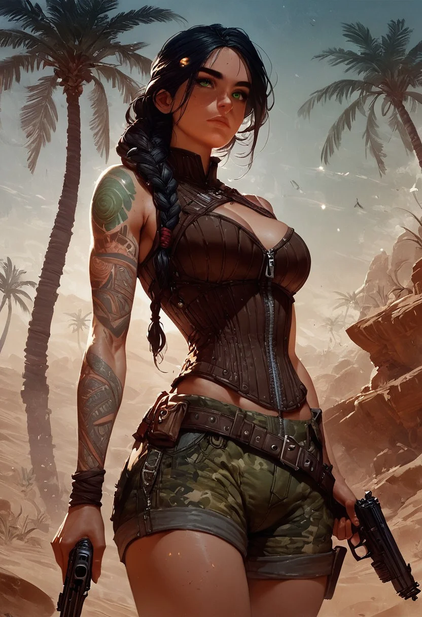 score_9, score_8_up, score_7_up, score_6_up, score_5_up, score_4_up, 1girl, black hair, braided, sexy soldier, green eyes,camo shorts, desert, dusk, tilted angle, loop lighting, palm tree oasis, solo, holding gun, tattoos, large teardrop breasts, thighs, expressiveH, Concept Art, brown corset, Charmian_Boned_Corset_with_Zipper, steel straps, zipper,