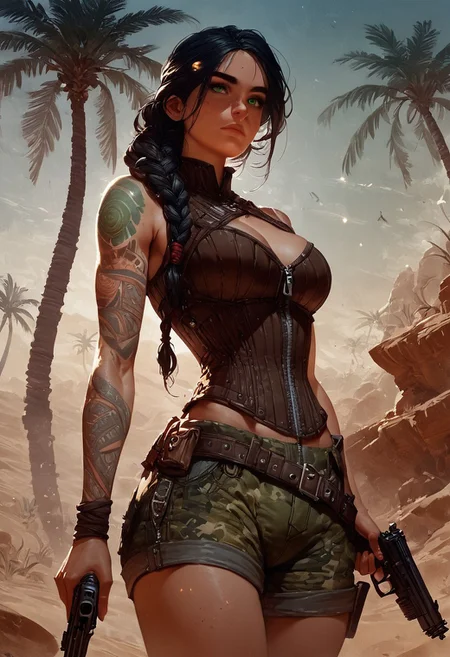 score_9, score_8_up, score_7_up, score_6_up, score_5_up, score_4_up, 1girl, black hair, braided, sexy soldier, green eyes,camo shorts, desert, dusk, tilted angle, loop lighting, palm tree oasis, solo, holding gun, tattoos, large teardrop breasts, thighs, expressiveH, Concept Art, brown corset, Charmian_Boned_Corset_with_Zipper, steel straps, zipper,