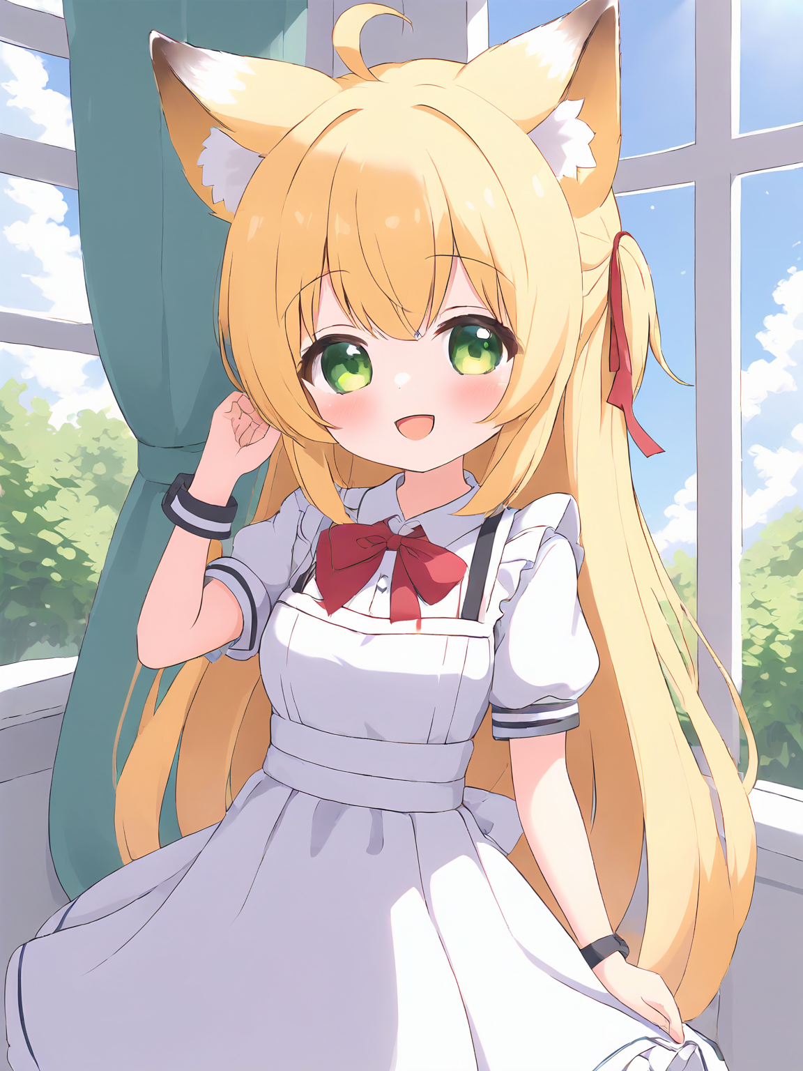 1girl,animal ears,blonde hair,tail,solo,fox ears,apron,long hair,fox tail,ponytail,dress,fox girl,multicolored hair,looking at viewer,green eyes,blush,white hair,animal ear fluff,wrist cuffs,short sleeves,smile,ribbon,window,virtual youtuber,bangs,white apron,aqua eyes,:3,sky,cloud,indoors,bow,breasts,<lora:Animation illustration style supplementary model-SDXL-Lora-2024.12.30-version1-000043:0.85>,