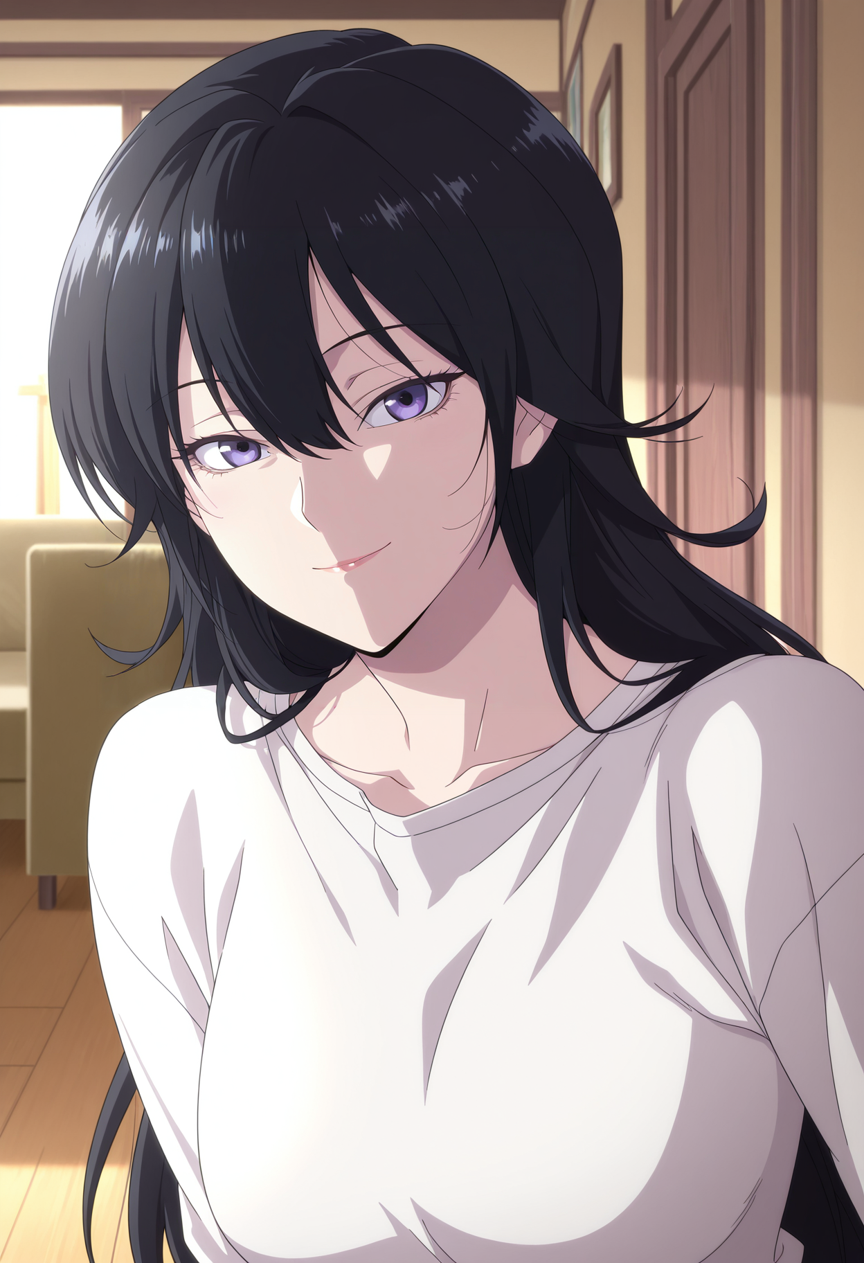 1girl,solo,mm,mature female,black hair,long hair,bangs,hair between eyes,purple eyes,breasts,anime coloring,
white shirt,upper body, looking at viewer, smile,indoors
,masterpiece,best quality,amazing quality,<lora:Duna_Lee-The_Girl_Downstairs:0.8>