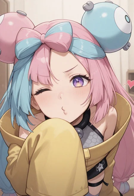 masterpiece, by piaki,  best quality, very detailed, 
1 girl, i0n0def, sharp teeth, two-tone hair, split-color hair, pink hair, blue hair, bow-shaped hair, twintails, character hair ornament, purple eyes, oversized clothes, yellow jacket, star print, sleeves past fingers, grey shirt, sleeveless shirt, grey pantyhose, single leg pantyhose, hexagon print, thigh strap,
Close-up, mouth focus, very close-up, extremly close-up, looking at viewer, one eye closed,
Inside, Living room,
blowing kiss, heart, puckered lips, o3o