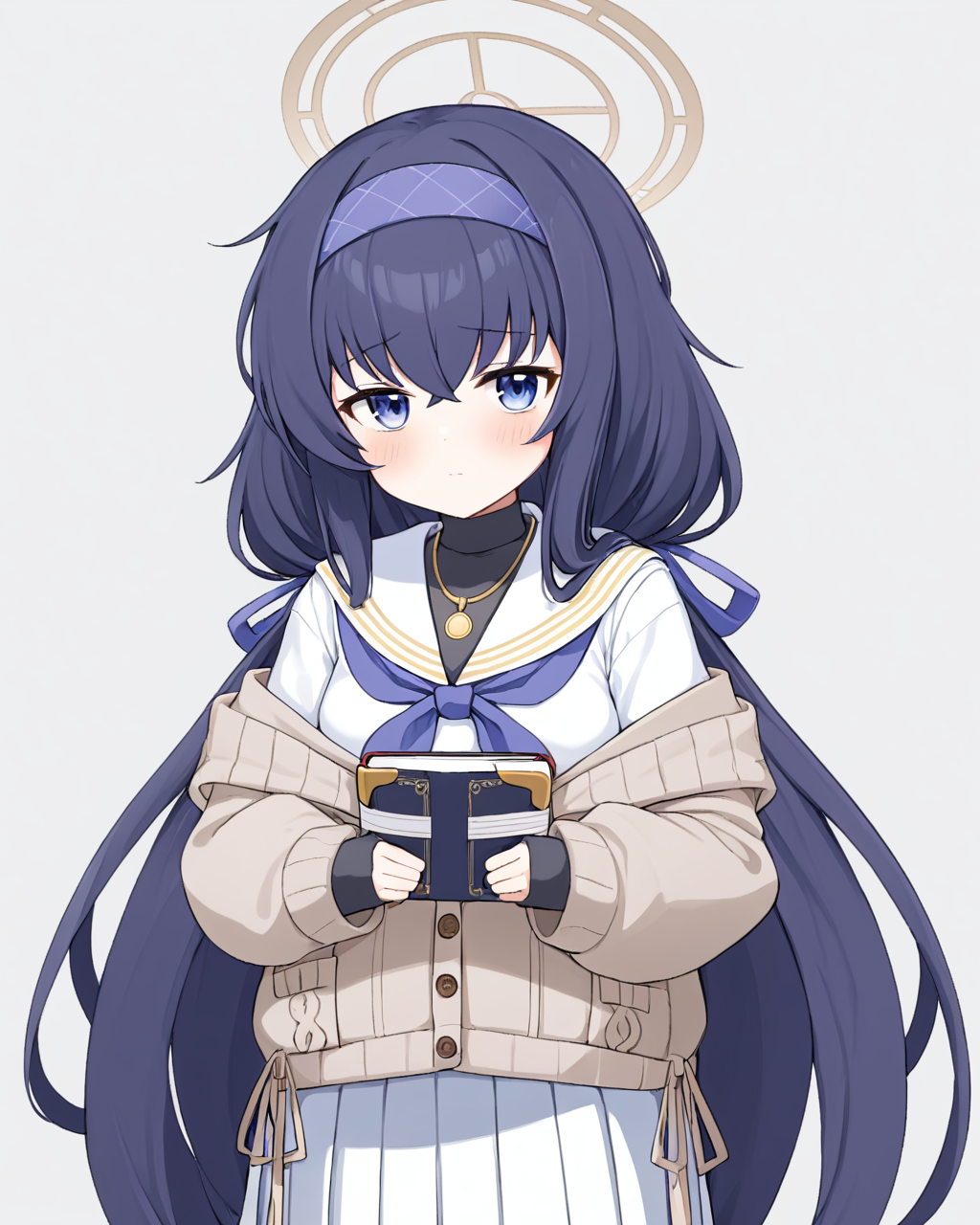 ui \(blue archive\),1girl, solo, halo, book, blue_neckerchief, blush, looking_at_viewer, white_skirt, cardigan, white_serafuku, dated, pleated_skirt, blue_hairband, necklace, white_sailor_collar, seiza, low_twintails, closed_mouth, white_background, long_skirt, simple_background, long_sleeves, purple_hairband
<lora:ui_(blue_archive)_image2537_2023-11-28:1>halo. gorgeous,key visual, vibrant, studio anime,award-winning, professional, highly detailed,high budget, cinemascope