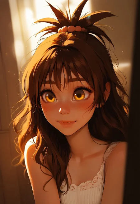 Source_anime, a woman, cute perfect face, (score_9, score_8_up, score_7_up), 1girl, 21 years old, y_mikan,brown hair,long hair,yellow eyes,hair ornament,hair bobbles, small face, cute face, adorable, femine, close up, long slender legs, perfect round butt, narrow waist, gorgeous girl, kawai girl, blush, blush nose, blushing, glitter makeup, athletic body, long body, collarbone, blush nose, red scrunchie, cute blush, teardrop breasts, blushing, medium breasts, perky breasts, shy, smiling, detailed background, perfect hips, hipbone, cute face, cute girl, (slim fit), candid, blurry background, light particles, ethereal, rating_explicit, dynamic angle, ncpy13