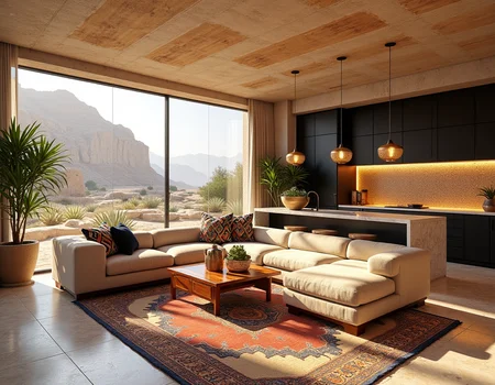 A stunning modern Arabic living room seamlessly integrated with a kitchen, framed by a breathtaking floor-to-ceiling window overlooking a rugged desert landscape. The room is bathed in warm, golden sunlight that streams through the expansive glass, casting soft shadows on the sleek and textured surfaces. The rocky desert outside contrasts beautifully with the warm, inviting tones of the interior.
The living room features a blend of modern and traditional Arabic elements. A low, U-shaped sectional sofa in muted beige with colorful, geometric-patterned cushions takes center stage, complemented by a plush area rug featuring intricate Arabic motifs. The coffee table is crafted from polished wood with inlaid mother-of-pearl details, adding a subtle touch of tradition. Ornate brass lanterns hang from the ceiling, their perforated designs casting intricate patterns on the walls.
The kitchen is open-concept, with sleek, minimalist cabinetry in matte black and accents of warm wood. A marble-topped island serves as a functional divider between the spaces, with gold-toned pendant lights hanging above it. Behind the island, a tiled backsplash in earthy tones features an arabesque pattern, subtly nodding to traditional design.
The walls are finished in textured plaster, evoking the look of aged desert stone, while the floors are polished travertine, adding to the warm, earthy ambiance. Potted date palms and succulents are strategically placed, enhancing the connection to the natural desert environment.
Technical Details for Photography Rendering:
Camera: Sony Alpha 7R V
Lens: 16-35mm f/2.8 GM
Settings: 24mm focal length, f/5.6 aperture, ISO 200, 1/125s shutter speed
Lighting: Natural sunlight supplemented by soft, warm artificial lighting to highlight textures and details.
 <lora:iphone-dev-6:1> iphone photo