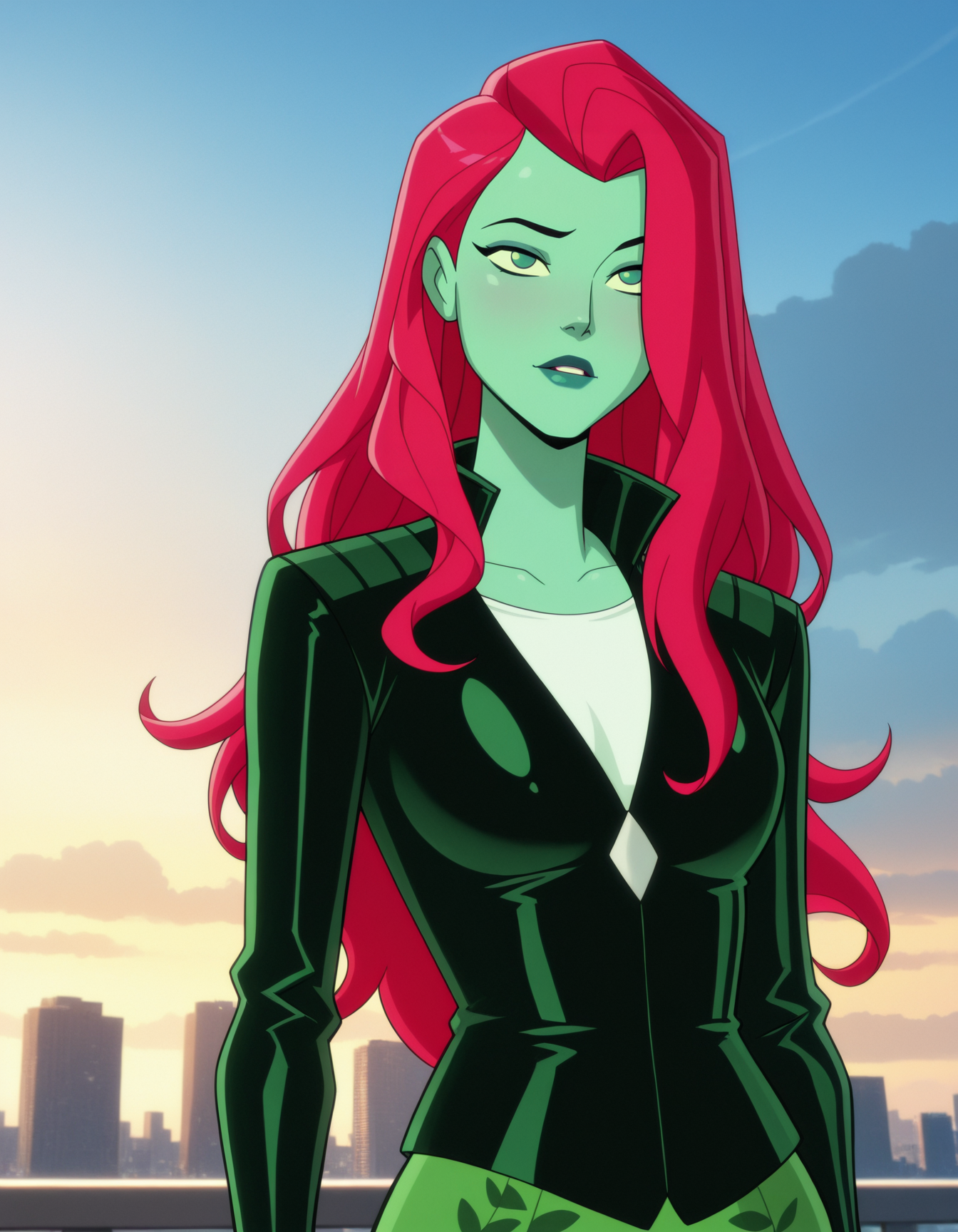 masterpiece, best quality, amazing quality,,<lora:poisonIvyIllustrious:1>,1girl, solo, poison1vy,
jacket, long long hair,