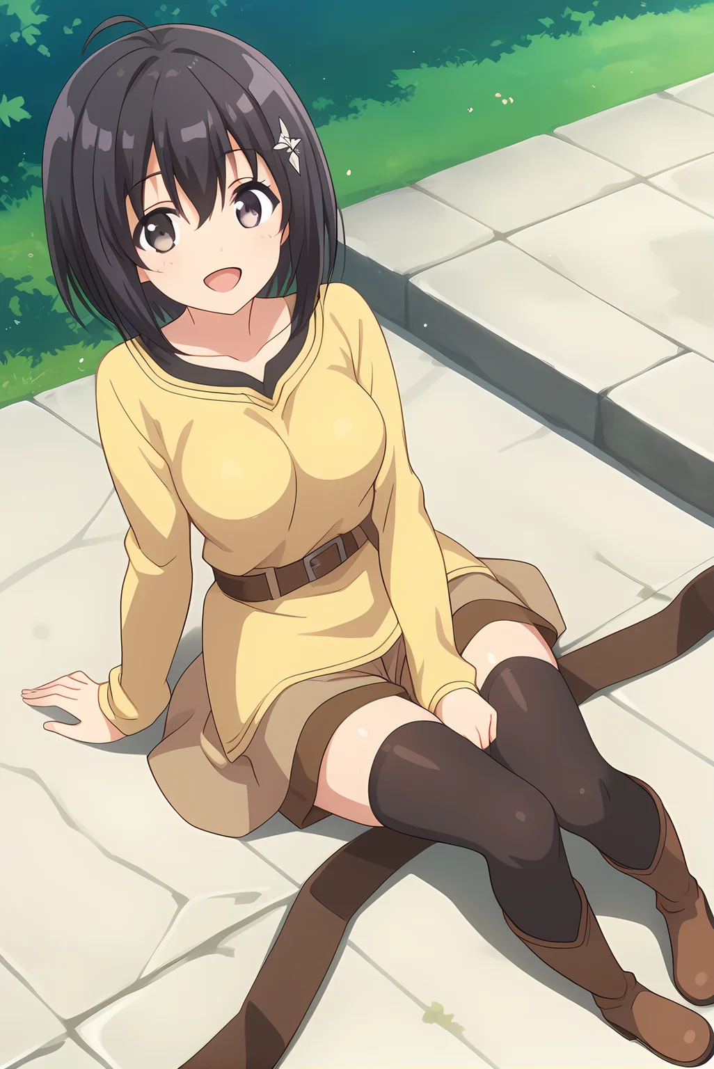 (yellow shirt born skirt brown shorts black thighhighs brown boots belt), bof-maple, black hair, hair ornament, medium breasts, 1girl, solo, skinny, feet, score_9, score_8, score_7, source_anime, happy, outdoors, (1.3::full body|sitting|standing|lying|0.6::close-up| :1.20), <lora:bof-maple-V01-000004:0.60>