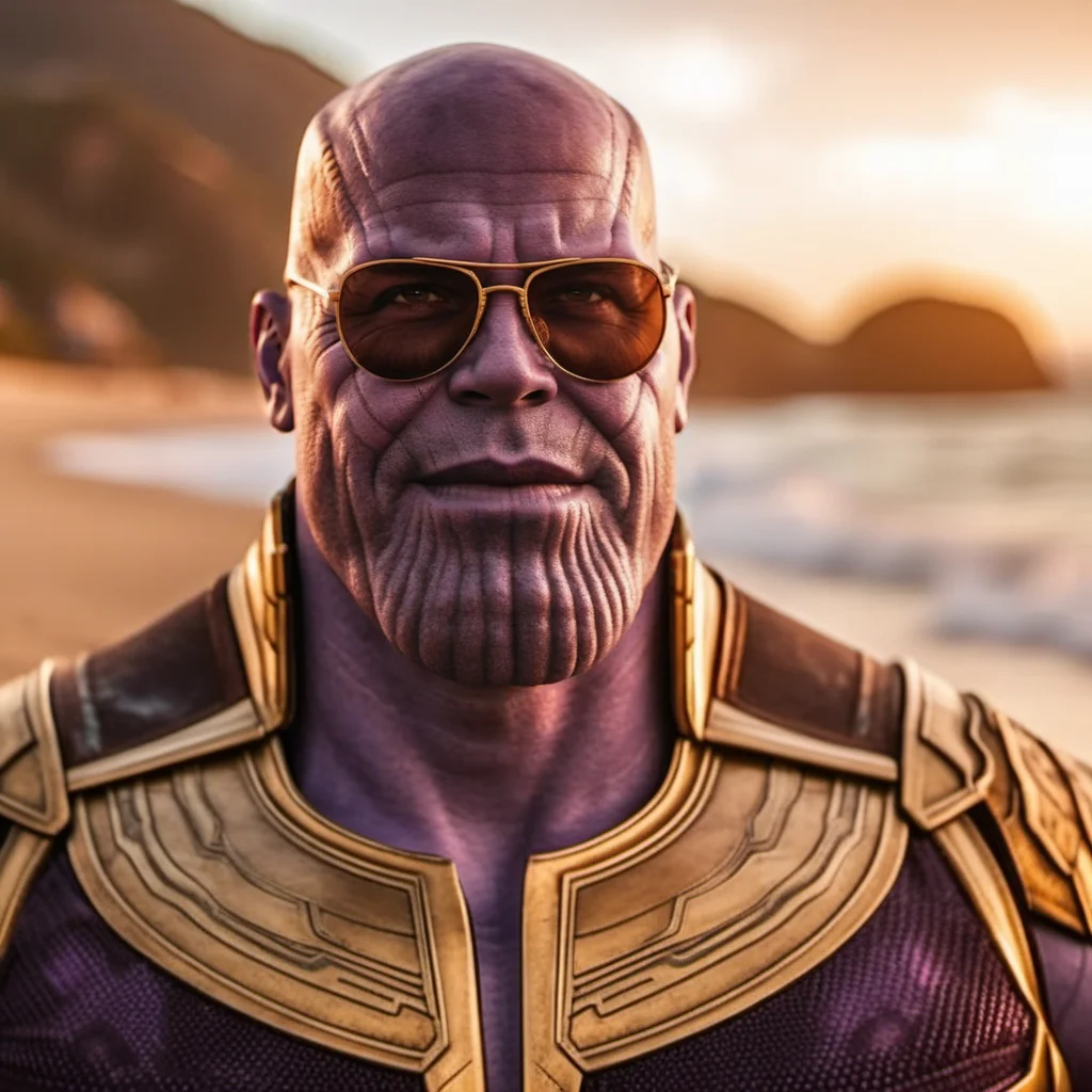 Thanos1024, a man, close up face portrait, wears sunglasses and a hippy blouse, smile, beach, sunset, highly detailed , photography, ultra sharp, film, bokeh, professional, 4k <lora:add-detail-xl:1.5> <lora:Thanos1024-000360:0.5>