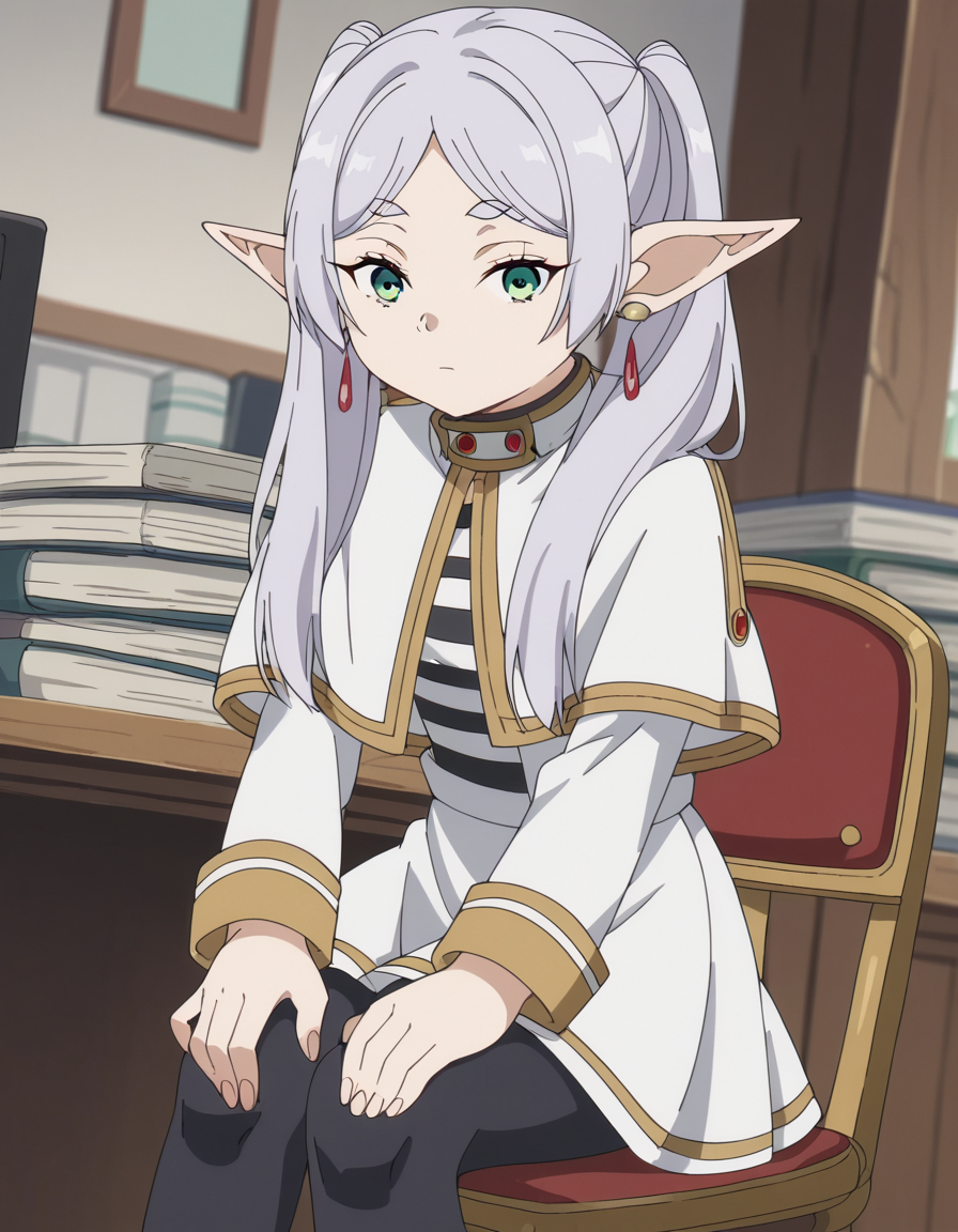 score_9, score_8_up, score_7_up, source_anime, <lora:frieren-s1-ponyxl-lora-nochekaiser:1>, frieren, long hair, twintails, green eyes, grey hair, pointy ears, elf, small breasts, anime screencap, shirt, long sleeves, jewelry, pantyhose, earrings, striped, black pantyhose, capelet, striped shirt, skirt, white skirt,, office, desk, computer, chair, paperwork, , hands on own knees, looking at viewer, solo,, dutch angle, cowboy shot