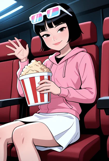 cartoon, screencap,  <lora:julieaf:1> julieaf, 1girl, short hair, black hair, lips,long sleeves, white skirt, pink hoodie, hoodie over skirt, , smile, looking at viewer, dynamic pose, sitting in theater, 3d glasses, Anaglyph 3D glasses, holding massive popcorn bucket, sitting on red seat, cinema seats, masterpiece, best quality, amazing quality, very aesthetic, absurdres, newest,