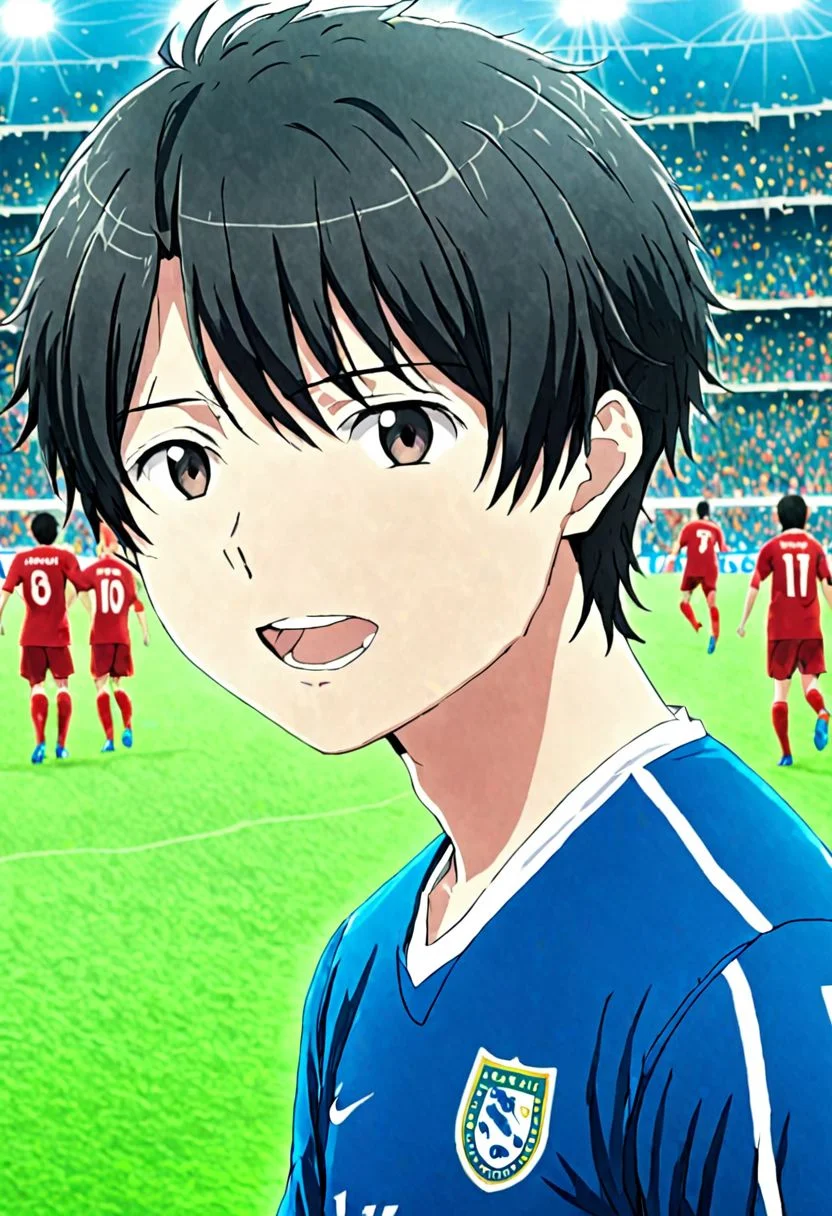 high resolution, solo, best quality, 1Boy, Inaho Kaizuka, Black Hair, soccer player, field, portrait, sport photography, celebration, OverallDetail