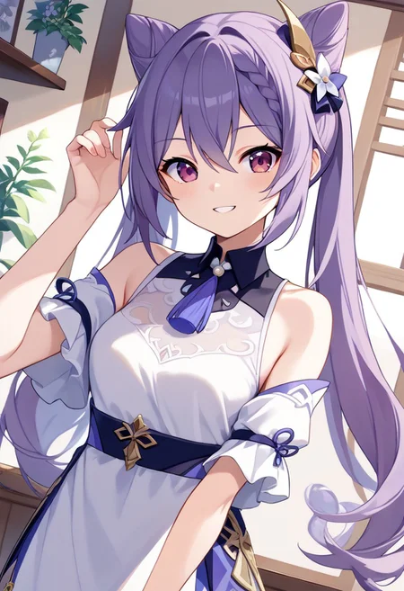 score_9, score_8_up, score_7_up, source_anime, best quality, masterpiece, 1girl, solo, smile. dutch angle, indoors,
keqingcs, purple hair, cone hair bun, purple eyes, long hair, double bun, braid, twintails,