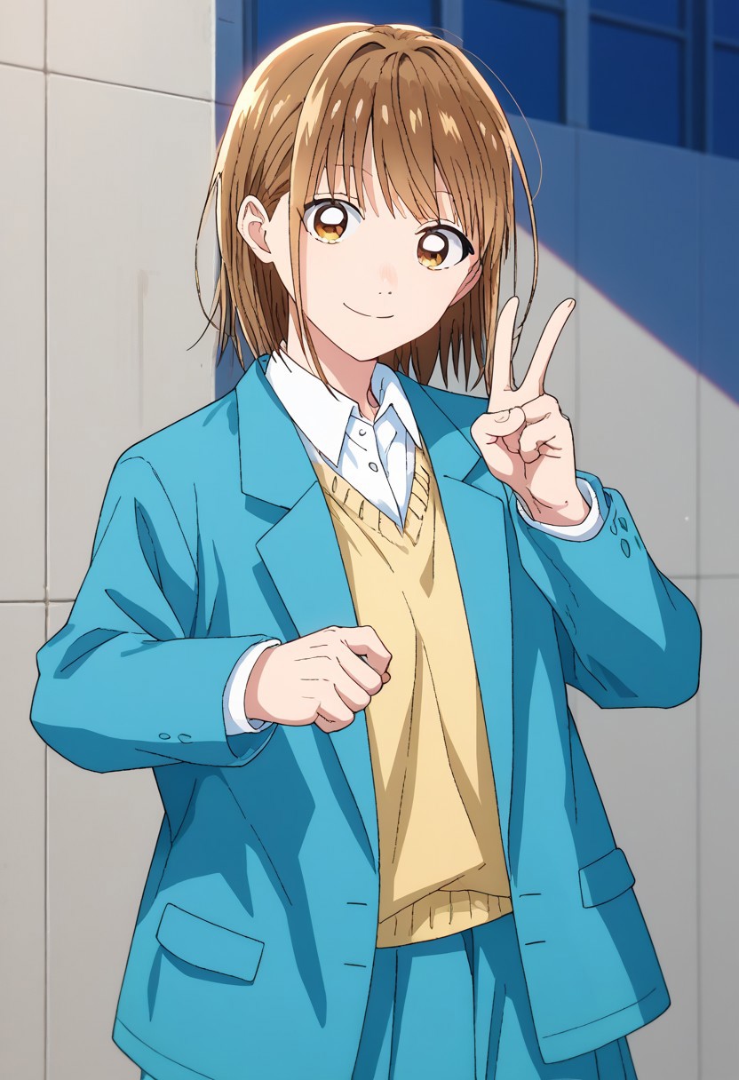 score_9, score_7_up, source_anime, 
chinatsu, 1girl, solo, brown eyes, brown hair, bangs, school uniform, shirt, white shirt, collared shirt, cardigan, jacket, blazer, blue jacket, long sleeves, open jacket, open clothes, smile
outfoor,