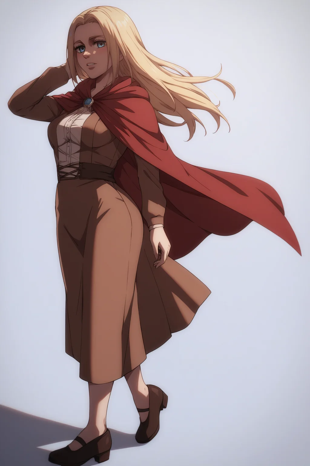 score_9, score_8_up, score_7_up, BREAK source_anime, <lora:historia reiss v2-PonyXL-lora-Faxtron:0.8> historia reiss, medium breasts, long brown dress, red cape, shoes,