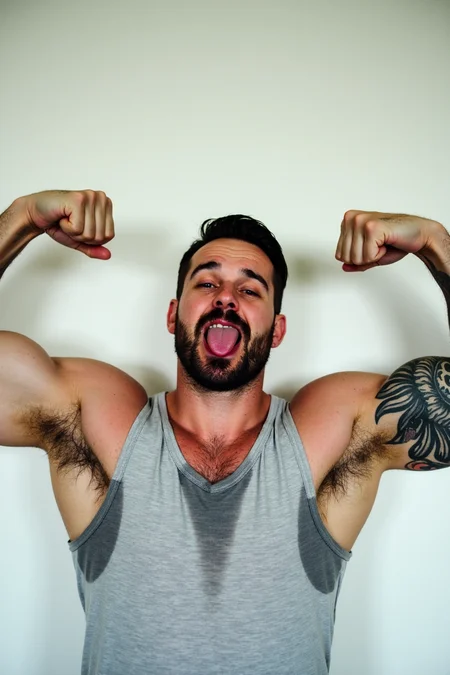 photo, A man with a tattoo on his arm is flexing his bicep while sticking his tongue out. He is wearing a grey tank top with sweat. The background is a plain white wall. His arms are flexed and he is making a sexy face. He has a beard and mustache and his arms are covered in tattoos., large sweat-spots-smudges on armpit, caucasian, upper body, hairy armpits, sweat-spots-smudges on chest and belly, 1boy, solo, male focus, facial hair, beard, tongue, armpit hair, muscular, tank top, muscular male, tattoo, bara, armpits, tongue out, white tank top, short hair, flexing, arm hair, pectorals, black hair A Irish man in a gray t-shirt is pointing to his armpit (sweat:1.3). He has short [ginger::0.5] hair. The background is white and he appears to be in a studio setting with a camera angle that captures his upper body and face from the chest up. The image has been cropped to focus on the man's face and upper body., He is wearing a gray short-sleeved t-Shirt. The man has a serious expression on his face., He is wearing a v-neck shirt. The image is a close-up of the man's upper body. The camera is positioned at a medium distance from the man. The lighting is even., the arms are raised. the body is slim. the hair is short. the eyes are dark., stubble beard, Caucasian, 4k uhd, dslr, soft light, high quality, Fujifilm XT3 photo, Three individuals wearing a shirt with sweat are shown in a upper body medium close-Up shot. The first person on the left has dark hair is wearing a blue shirt with sweat and has a serious expression. The second person in the center has brown hair wears a gray shirt with sweat and looks surprised. The third person on right has dark brown hair and is wears purple shirt with sweat., white background, sweat-spots-smudges on armpit, caucasian, shirt, 1girl, open mouth, facial hair, white background, brown hair, blue shirt, upper body, arms up, realistic, simple background, multiple boys, 2boys, arms behind head, looking at viewer, pointing, blue eyes, meme, beard, short sleeves medium full body portrait photo of dude jackman side view standing in a public bathroom, wearing a dark-mustard-tank top stringer shirt, (shirt with sweat:1.2), [(large wet-spots-smudges underarm on shirt:1.5),::0.45] (s3t on armpit:1.1), sweat on shirt, natural lighting, thin-straps, 4k uhd, dslr, soft light, high quality, Fujifilm XT3 front close-Portrait of a sexy tough rough masculine 50 y.o gay man marine is (wearing clothes:1.2) a dark-red-(shirt:1.3) with sweat. He has dark wavy hair and is wearing sunglasses. His (head is to the side:1.2) slightly down looking down (sniffing his armpit:1.3), nose close to armpit, posing for the camera. The background is a white wall. wrist watch, (s3t on:1.3) armpit, medium full body shot, Caucasian, large nose, wrist watch, thin lean man, pulling his necklace down, shiny sweaty skin, pores, natural lighting, 4k, high quality, Fujifilm XT3 <lora:lbw_models\OUTPUT\adjusted_Sweaty Shirt Flux v6-000034.safetensors:0.93:0.93>