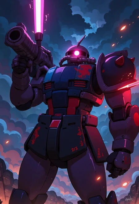 The Zaku II, mecha, war, (Zaku II:1.5), war machine, (dramatic angle: 1.5), solo_focus, facing viewer, illuminated, vivid, sharp, bright, cinematic_lighting, (all complex), (best quality ), (computer generated game),
holding lightsaber, ((rilfe canon)),laser beam firing weapon, space, galaxy, war, spaceships, precise and powerful high-tech machinery, sparks flying, mecha, robot, shiny, ef_ffct,
(blue, red: 1.3),(((camouflaged mecha)))