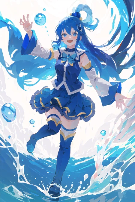aqua \(konosuba\),
1girl, blue eyes, blue footwear, blue hair, blue thighhighs, blush, boots, breasts, bubble, detached sleeves, hair ornament, hair rings, leg up, long hair, looking at viewer, medium breasts, open hand, single hair ring, skirt, smile, solo, standing, standing on one leg, thigh boots, thighhighs, very long hair, water, white thighhighs,
kono subarashii sekai ni shukufuku wo!,
<lora:aqua_konosuba-000035:0.6>