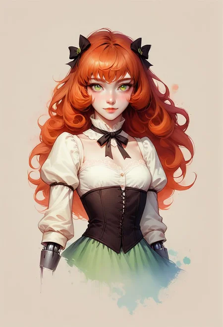 Faded Headshot, faded bottom, faded edges ,score_9,score_8_up,score_7_up,score_6_up,score_5_up,
1girl, Penny Polendina, \(RWBY\),(ultra HD quality details), green eyes, ginger hair,
long hair,
neck ribbon, suspender skirt, corset, white blouse, long sleeves, mechanical legs, neon trim, black bow,
perfect anatomy, perfect face, abstract beauty, beautiful, centered, looking at the camera, approaching perfection, dynamic, moonlight, highly detailed, watercolor painting, artstation, concept art, smooth, sharp focus, illustration,
small breasts,