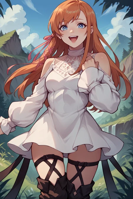 score_9, score_8_up, score_7_up, score_6_up, source_anime, BREAK 1girl <lora:ryne-pdxl-nvwls-v1:1> ryne, orange hair, blue eyes, hair ribbon, white dress, thigh strap, thigh boots, looking at you, happy, open mouth, forest, blue sky, landscape