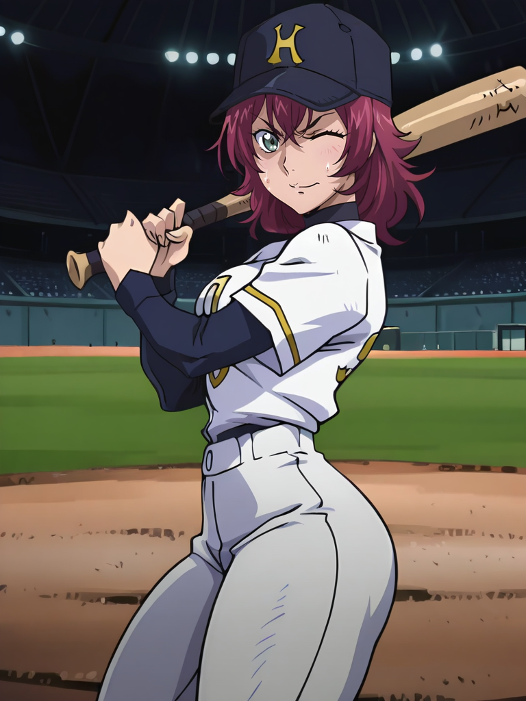 BloodyXL,, screencap, 
girl holding a baseball bat, stadium, sweat, cap, baseball uniform, medium breasts, narrow waist, wide hips, thick thighs, looking at viewer, cowboy shot, dynamic pose, cute, wide shot, solo, sexually suggestive, light smile, one eye closed, angry, from side,
<lora:ABloodyXL_Style:1.1>