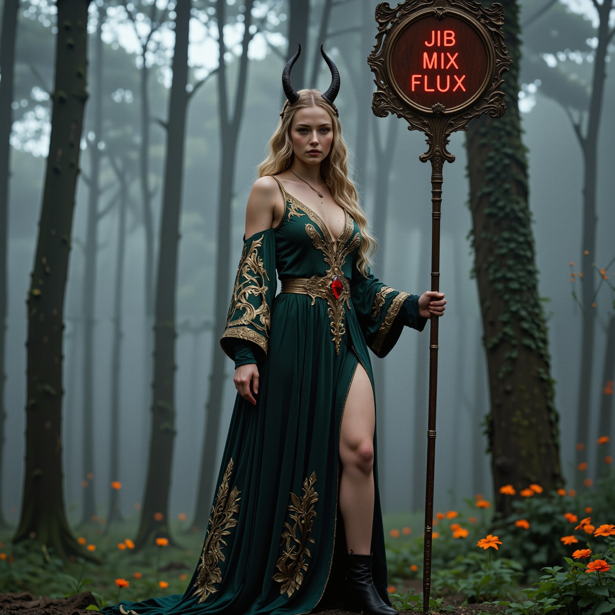 This striking image features a young woman standing confidently in a misty, enchanted forest. She is dressed in an elegant, flowing green gown with intricate gold embroidery along the bodice and hemline. The dress has thin straps, revealing her shoulders, and a plunging neckline that enhances its regal aesthetic. A high slit on the left side exposes her leg, adding a hint of boldness to her ethereal look. She wears black ankle boots, which contrast with the elegance of her dress, giving her an air of both grace and practicality.  Her face is delicate and well-defined, with bright blue eyes, flawless fair skin, and a gentle expression that conveys mystery and allure. Long, wavy blonde hair cascades down her back, framing her face in soft, golden locks. Atop her head, a pair of dark, twisted horns curve upward, blending seamlessly with her fantastical appearance. These horns give her a mystical and otherworldly aura, making her look like a forest sorceress or an enchanting fae creature.  In her right hand, she holds a tall, ornate staff that appears to be made of dark wood. The lower part of the staff is adorned with a glowing red crystal, which radiates an eerie yet mesmerizing light. The energy within the crystal seems to pulse, hinting at magical properties. The design of the staff is intricate, featuring organic curves and embellishments, making it look like a relic from an ancient, mystical realm.  With her left hand, she holds a wooden sign mounted on the staff, with the words "JIB MIX FLUX" glowing in bold red neon letters. The sign has an old-fashioned, handcrafted frame with ornate, gothic-style carvings along the edges. The combination of modern neon lettering and medieval-style woodwork creates an intriguing blend of past and future aesthetics.  The background consists of a dense, mist-filled forest with tall, straight trees that stretch high into the sky. Their dark trunks contrast against the soft, diffused light filtering through the fog. The forest floor is covered in patches of vibrant orange flowers, which provide a beautiful contrast to the woman’s green dress and the moody atmosphere of the scene.  The overall composition of the image is visually stunning, balancing elements of fantasy, mysticism, and a hint of modernity. The subject's attire, the glowing staff, and the eerie fog contribute to an immersive atmosphere that feels like a scene from a dark fairytale or a fantasy novel. The inclusion of the neon sign with cryptic words adds an element of mystery, leaving the viewer curious about its meaning and the character’s purpose.  This image beautifully blends natural elements with supernatural and modern touches, creating a visually arresting and imaginative scene. The woman exudes confidence and mystery, her presence commanding attention against the enchanting forest backdrop. Whether she is a guardian of the woods, a powerful enchantress, or a mythical traveler from another realm, her enigmatic aura and striking appearance make this a captivating portrait of fantasy and intrigue.