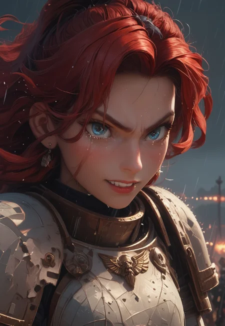1girl, solo, 24 year old woman, large build, running:1.4, beautiful, long hair, dark red hair, freckles:1.4, face uplifted:1.6, looking up, looking at the sky, earrings, (fierce) grin:1.5, crying:1.5, teeth clenched:1.4, angry smile:1.5, wide hips, knight armor:1.5, heavy armor, gauntlets, greaves, bright blue eyes, rain falling on her face:1.5, tan skin, tears on chin, tears on cheeks, action pose:1.3,

dusk, after battle, muddy field, some grass, fallen soldiers around her:1.4, storming, dark gray sky, dark sky:1.4, streaming banners, battlefield, intense rain:1.3, dreary, raining, overcast, mountains and hills in the background,

score_9, score_8_up, score_8, masterpiece, best quality, official art, extremely detailed, CG unity 8k wallpaper, absurdres, high definition, photorealism:1.5, detailed shading, high contrast, ambient occlusion, vivid colors:1.5, saturated colors:1.6, 

dynamic angle:1.3, cowboy shot:1.6, cinematic,

expressiveh, whites40k, tears, 
