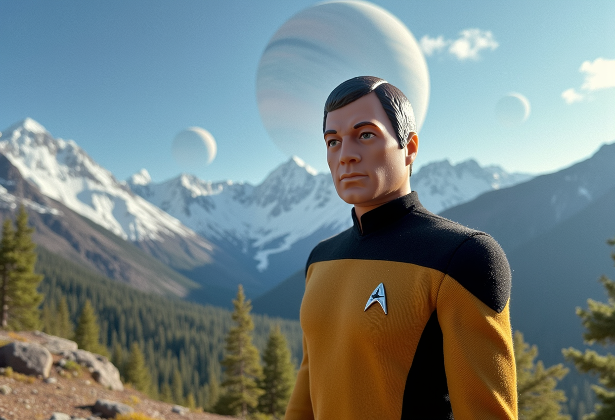 A cinematic low angle shot of <lora:Gi-Joe_Flux:1> Gi Joe as a Starfleet Captain, wearing Star Trek uniform, looking at the viewer, standing outdoors on an alien planet. The planet has very beautiful landscape much like Colorado on Earth with lush greenery and snow capped mountains. There are multiple planets visible in the sky. <lora:Dever_Flux_Enhancer:0.5>