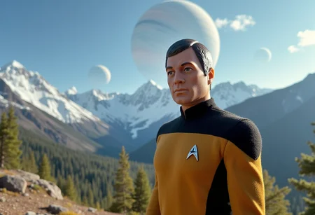 A cinematic low angle shot of <lora:Gi-Joe_Flux:1> Gi Joe as a Starfleet Captain, wearing Star Trek uniform, looking at the viewer, standing outdoors on an alien planet. The planet has very beautiful landscape much like Colorado on Earth with lush greenery and snow capped mountains. There are multiple planets visible in the sky. <lora:Dever_Flux_Enhancer:0.5>
