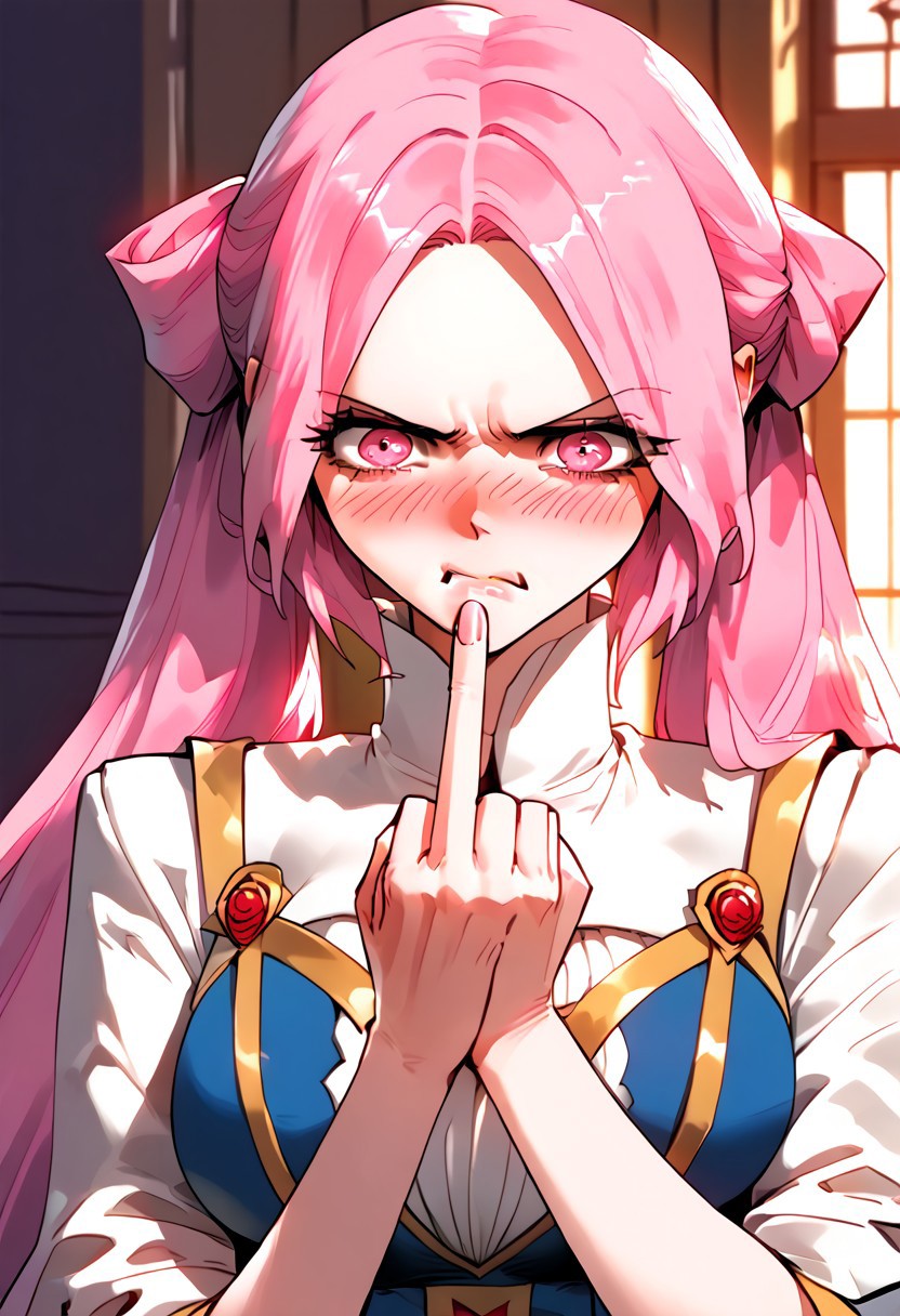 score_9,score_8_up,score_7_up,score_6_up,source_anime, (best quality), (masterpiece), (extremely detailed), (finely detailed), (detailed face, perfect face, perfect eyes, beautiful detailed shading), (perfect hands), (full colors), blush, 
BREAK, 
cowboy shot, upper body,
1girl, solo, 纳兰嫣然, pink hair, twintails, long hair, pink eyes, large breasts, middle finger, angry face