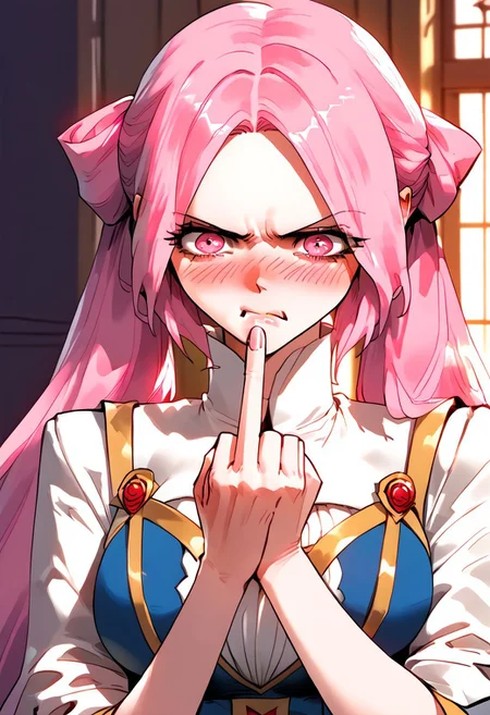 score_9,score_8_up,score_7_up,score_6_up,source_anime, (best quality), (masterpiece), (extremely detailed), (finely detailed), (detailed face, perfect face, perfect eyes, beautiful detailed shading), (perfect hands), (full colors), blush,
BREAK,
cowboy shot, upper body,
1girl, solo, 纳兰嫣然, pink hair, twintails, long hair, pink eyes, large breasts, middle finger, angry face