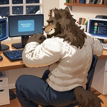 score_9, score_8_up, score_7_up, MrWolfPXL, c0mp, sitting, indoors, chair, computer, monitor, desk, from behind, keyboard (computer), Yasser, Bara, Muscular Male , Solo, winter, bedroom, (((Beard, facial hair, sideburns))), ((closed mouth)), By overcyan, smile, sweater