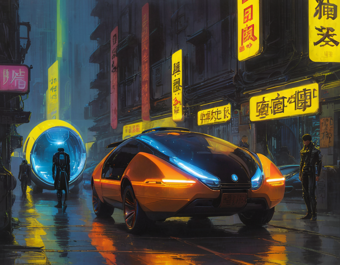 <lora:syme:0.5>syme, street, people, retrofuturistic cars, woman in glowing pod, chinese text, cyberpunk