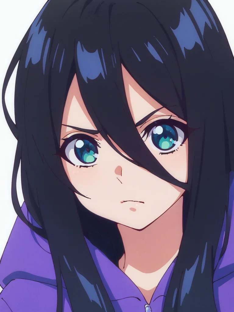 score_9, score_8_up, score_7_up,  
1girl, zenshu, black hair, long hair, hair between eyes, 
frown, closed mouth,
purple hoodie, face, close-up, looking at viewer, white background,