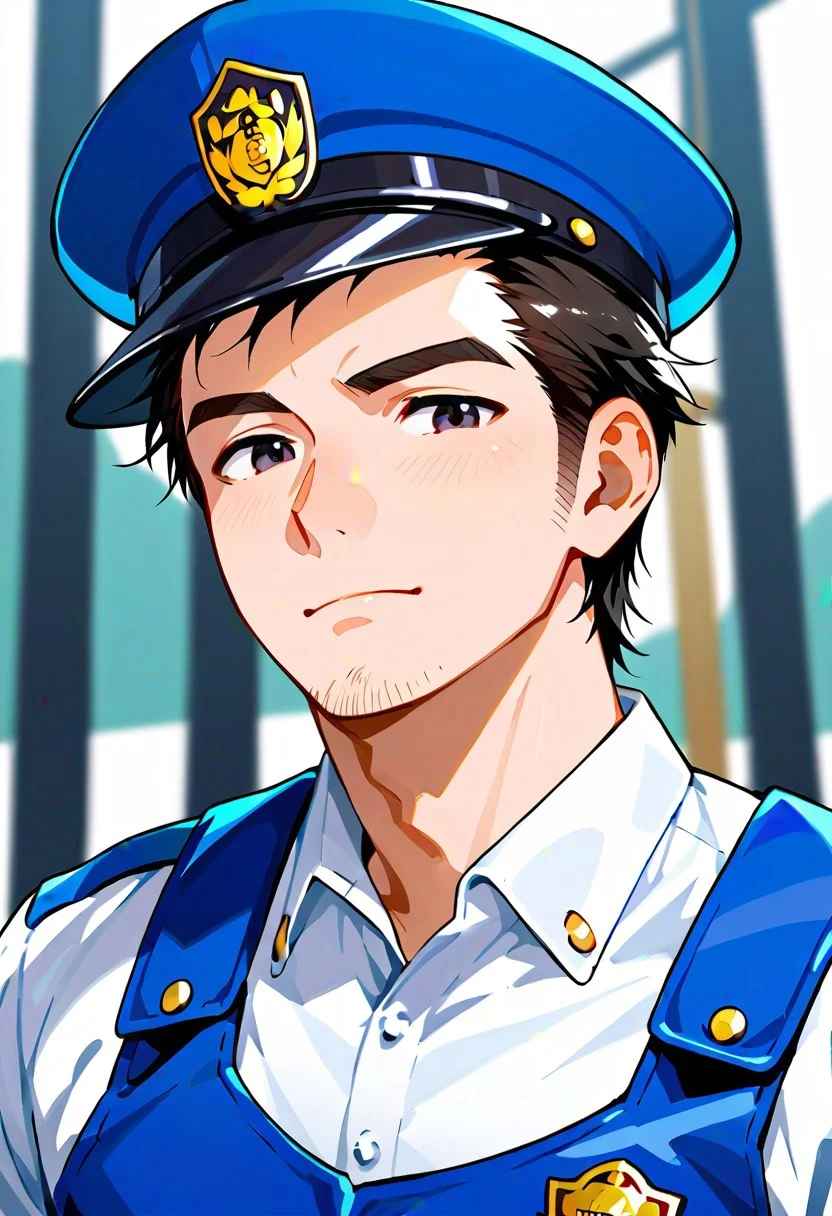 score_9, score_8_up, score_7_up, score_6_up, solo male, adult, mature, masculine, manly, handsome, charming, alluring, standing, upper body, dutch angle, cowboy shot, asian man, black eyes, black hair, short hair, (facial hair, stubble), clothing focus, HannekenJpPcSm, male Japanese Summer Police Uniform, (light-blue collared shirt, rank slides), short sleeves, peaked cap, portrait, headshot, close-up, perfect anatomy, perfect proportions, best quality, masterpiece, high_resolution, high quality, best quality, best aesthetic, absurdres, male focus