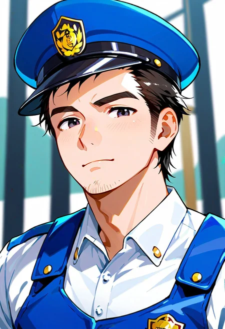 score_9, score_8_up, score_7_up, score_6_up, solo male, adult, mature, masculine, manly, handsome, charming, alluring, standing, upper body, dutch angle, cowboy shot, asian man, black eyes, black hair, short hair, (facial hair, stubble), clothing focus, HannekenJpPcSm, male Japanese Summer Police Uniform, (light-blue collared shirt, rank slides), short sleeves, peaked cap, portrait, headshot, close-up, perfect anatomy, perfect proportions, best quality, masterpiece, high_resolution, high quality, best quality, best aesthetic, absurdres, male focus