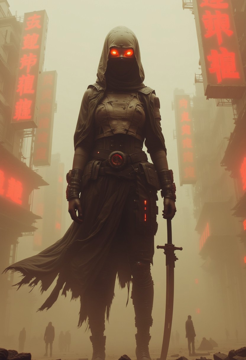 A close-up portrait in a dystopian, cyberpunk-inspired style depicts a cyber-ninja filling almost the entire frame, standing confidently with an intense gaze directly into the camera. Her sleek, high-tech armor combines futuristic cybernetic enhancements with flowing, dark fabrics, featuring exposed wiring, glowing vents, and a reinforced exoskeleton. Her face is obscured by a smooth, visor-like helmet, its piercing orange eyes glowing ominously. The massive katana rests against the ground beside her, the blade’s heavy edge glistening as it cuts through the soft, glowing mist. A tattered, dark cape trails behind her, slightly lifted by an unseen breeze. The environment around her is a fog-covered urban battlefield, with decaying structures looming in the background, their flickering neon signs barely visible through the toxic haze. The air is thick with ash, and faint, shadowy figures can be seen in the distance, watching. The color palette is dominated by deep beige, greys, and crimson hues, amplifying the dark, war-torn atmosphere. Neon mist swirls around her, casting an eerie glow across the scene.