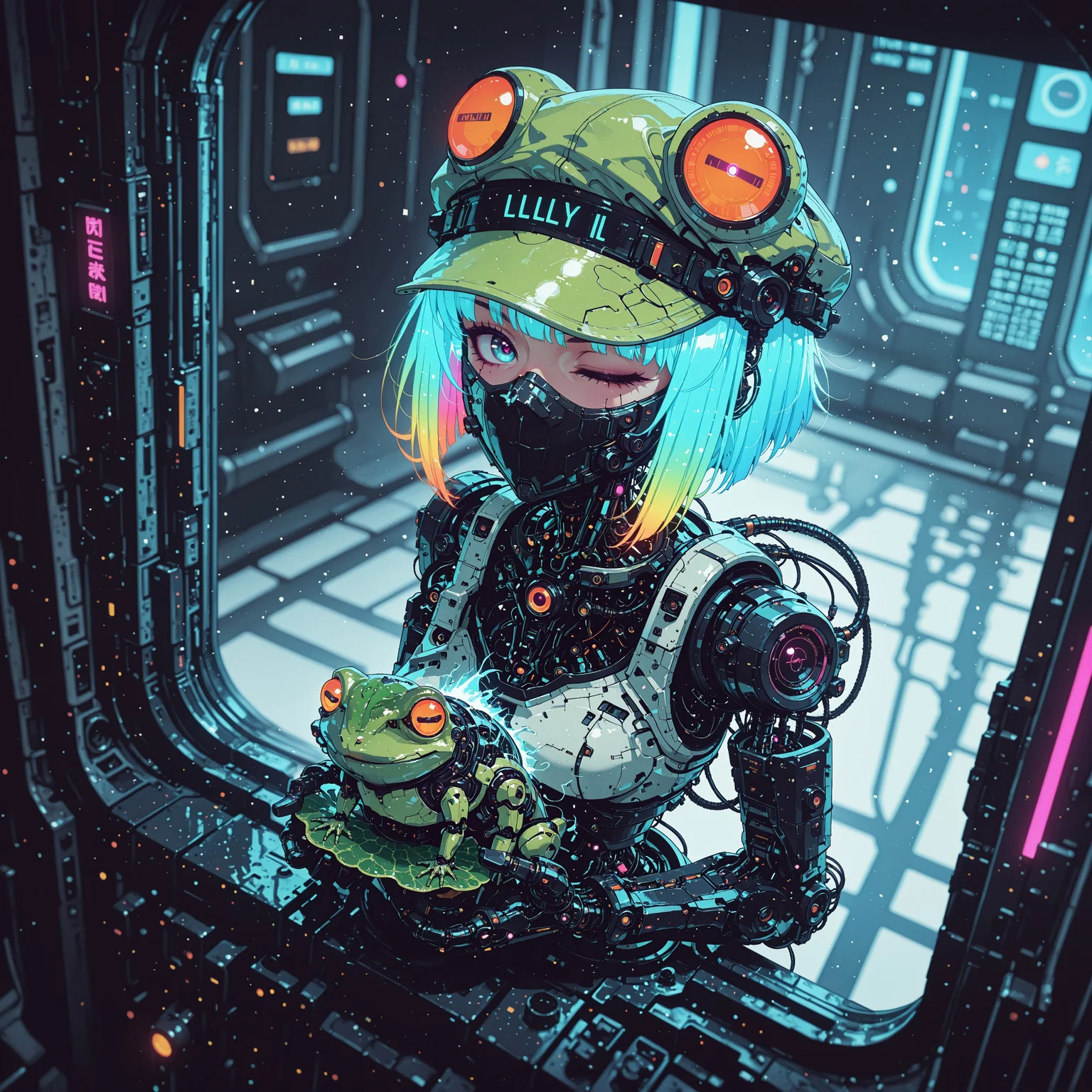 <lora:ck-nc-cyberpunk-IL-000011:0.60>, masterpiece, best quality, good quality, very aesthetic, absurdres, newest, 8K, depth of field, focused subject, dynamic angle, side view, from above, action shot, wabi sabi android woman, rainbow hair, glowing hair, cute simplistic frog hat that reads "Lilly" on the brim, gazing at the viewer, clean visible face, clean white rectangular ceramic material and mechanical parts, their face mask is open, one eye has mechanical enhancements, servos, wires, exposed circuits, skin, holding giant green lillypad, (futuristic fractal shaped artemis station in background, window view), Sci-fi anime movie (style by George Shaw),shallow depth of field, vignette, (Fujicolor Superia X-TRA 400) , (bioluminecent glow:0.8),
in the style of cknc,
<lora:MoriiMee_Gothic_Niji_Style_Illustrious_r1:0.5>
<lora:ck-neon-retrowave-IL:0.85>
<lora:ck-shadow-circuit-IL:0.35>