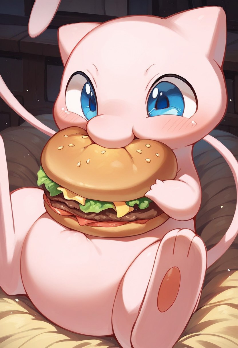 mew, blue eyes, (pokemon), cute, fat, big burger, eating,
score_9, score_8_up, score_7_up
