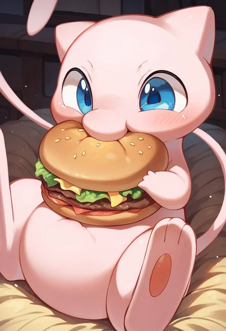 mew, blue eyes, (pokemon), cute, fat, big burger, eating,
score_9, score_8_up, score_7_up