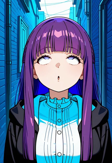 masterpiece, best quality, highres,(rolling eyes:1.8),o,Alley,midnight, 1girl, solo, Fern (Sousou no Frieren),purple hair, long hair, bright pupils, blunt bangs, cross3d_3y3s, crossed_eyes, empty_eyes, <lora:Crossed_eyes_-_Hypnosis_-_Illustrious:1.0>