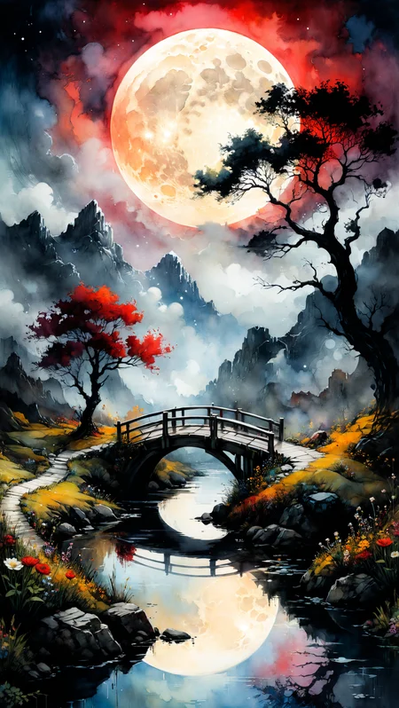 <(score_9,score_8_up,score_7_up,score_6_up,score_5_up,score_4_up):1.0>,
<(Fantasy dreams, magic, moon, fog, gloomy, ink, acrylic, double exposure, mythological, best quality, by Osama Fares, Van Gogh, Waterhouse, Craola, Carne Griffiths, Dan Mumford, Minjae Lee, Andy Kehoe, Miyazaki, patchwork, adorable, vintage, art on a cracked paper):1.2>,
<(Storybook detailed illustration, cinematic, ultra highly detailed, tiny details, beautiful details, mystical, luminism, vibrant colors, complex background, Stylized watercolor art. A stunning white-dragon, dark eclipse, celestial dramatic event, small bridge by the swampy river, wildflowers):1.0>,
<(by c215 and Arthur Rackham, Paul Barson, Paul Lovering, masterpiece, color print art, red sunrise, vibrant. Sharp, focused, vibrant, colorful, clear image, high contrast):0.9>
<lora:add-detail-xl:1>,
<lora:xl_more_art-full_v1:1.0>