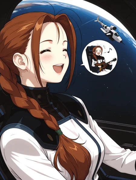 masterpiece,best quality,newest,
anime screencap,1girl,solo,
<lora:Livi_Donen_ilxl_v1.2:1>,Livi,antenna hair,brown hair,single braid,L_clothes,
<lora:Fixhands_anime_bdsqlsz_V1:1>,face_focus,front view,dutch angle,upper_body,simple_background,panorama,wide_shot,<lora:gundamallviewmoniter:1>,gundamallviewmoniter,cockpit,sitting,grip console,space,galaxy,looking_down,holding guitar,closed eyes,gasping,blush,open smile,xd,spoken musical note,