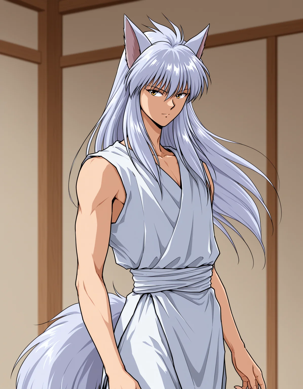 best quality, masterpiece, fox ears, y0k, youko kurama, kurama \(yu yu hakusho\), male focus, 1boy, solo, sleeveless, yellow eyes, simple background, tail, waist sash, indoors, <lora:yokokuramaillV1:0.75>