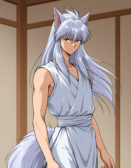 best quality, masterpiece, fox ears, y0k, youko kurama, kurama \(yu yu hakusho\), male focus, 1boy, solo, sleeveless, yellow eyes, simple background, tail, waist sash, indoors, <lora:yokokuramaillV1:0.75>